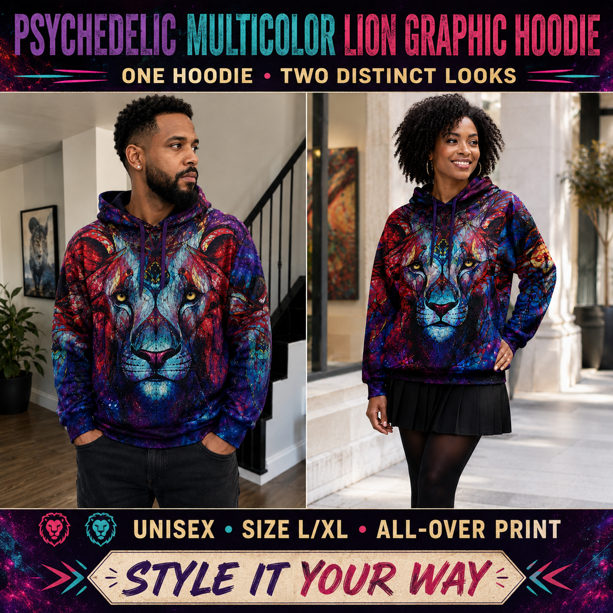 Psychedelic multicolor ￼Lion graphic Hoodie L/XL unisex ￼