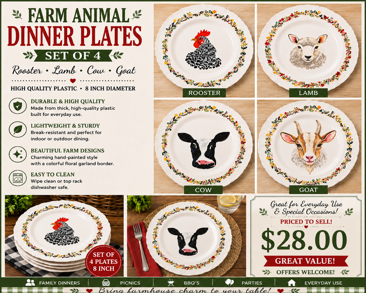 Farmhouse Farm Animal Dinner Plates set of 4 Plates  Rooster Cow Lamb Goat 8”