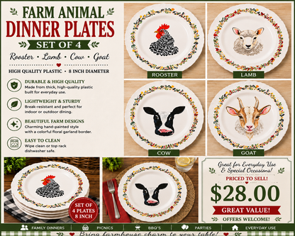 Farmhouse Farm Animal Dinner Plates set of 4 Plates  Rooster Cow Lamb Goat 8”