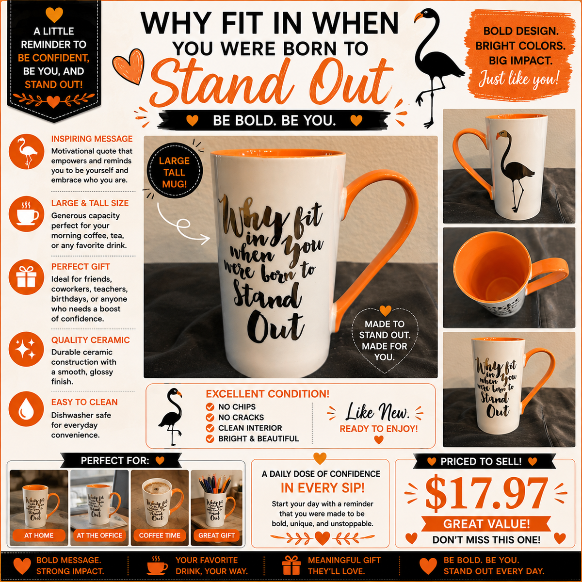Mug White, Orange and Gold Flamingo “Why Fit In When You Were Born To Stand Out”