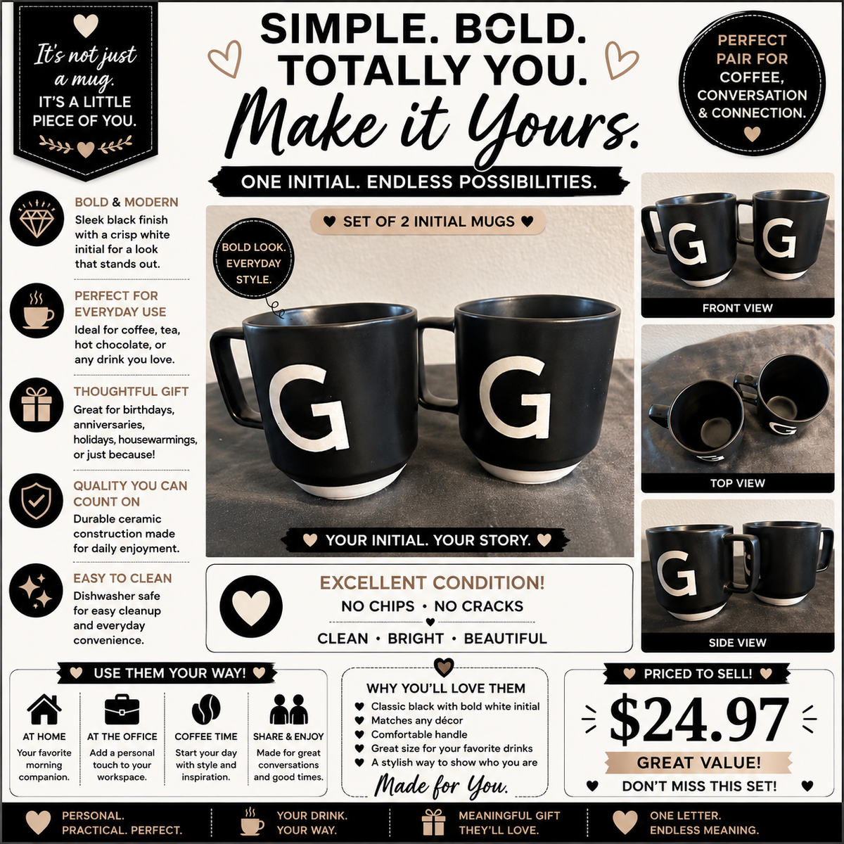 Ceramic Mugs Black w/  monogram “G” set of 2