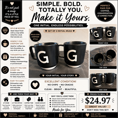 Ceramic Mugs Black w/  monogram “G” set of 2