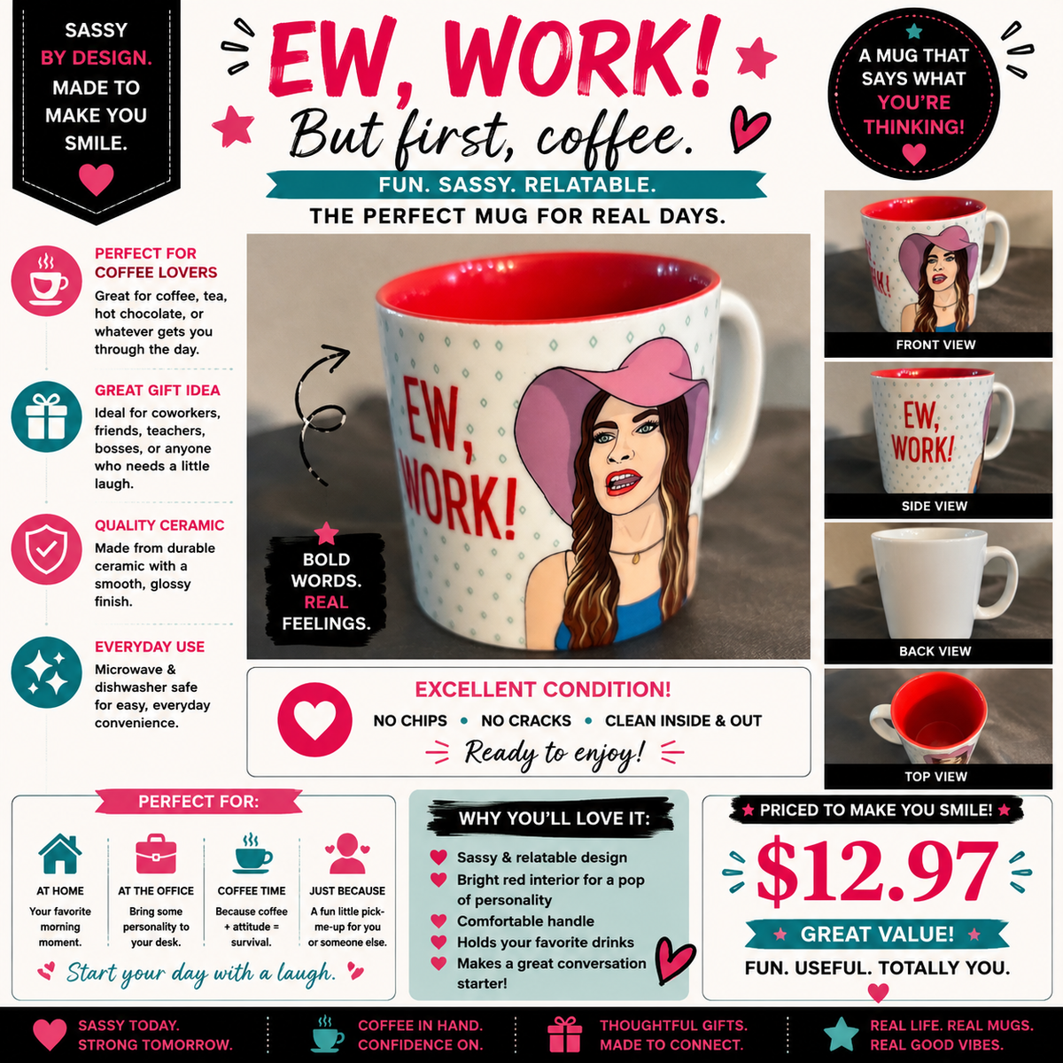 Funny coffee Mug “EW, WORK”  women’s novelty 12oz