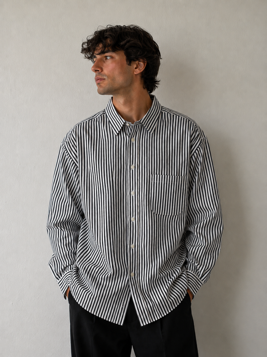 Chaps Black White Striped Button Down Long Sleeve Shirt Men size 18.5 36-37