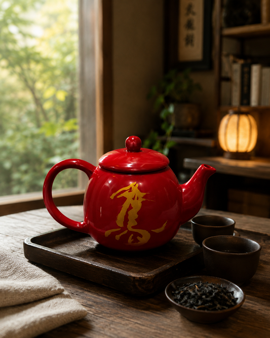 Oriental Red Ceramic Tea Pot with Gold Design