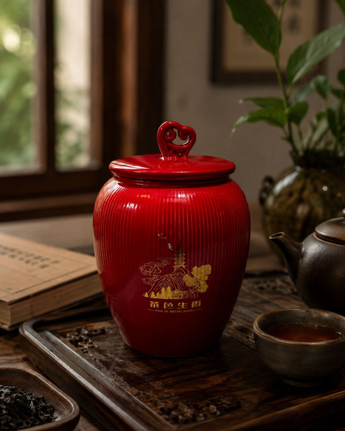 Red Oriental Jar with Lid and Gold Design