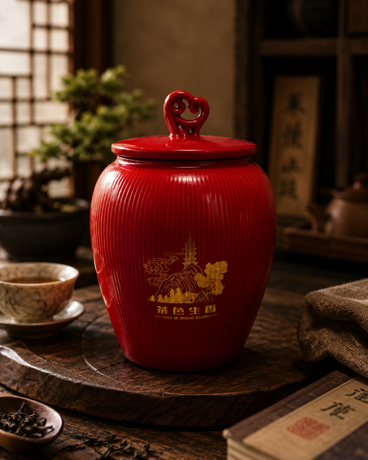 Red Oriental Jar with Lid and Gold Design