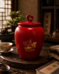 Red Oriental Jar with Lid and Gold Design