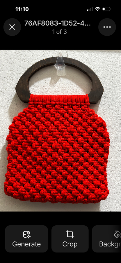 Red Crochet Handbag with Wood Handles