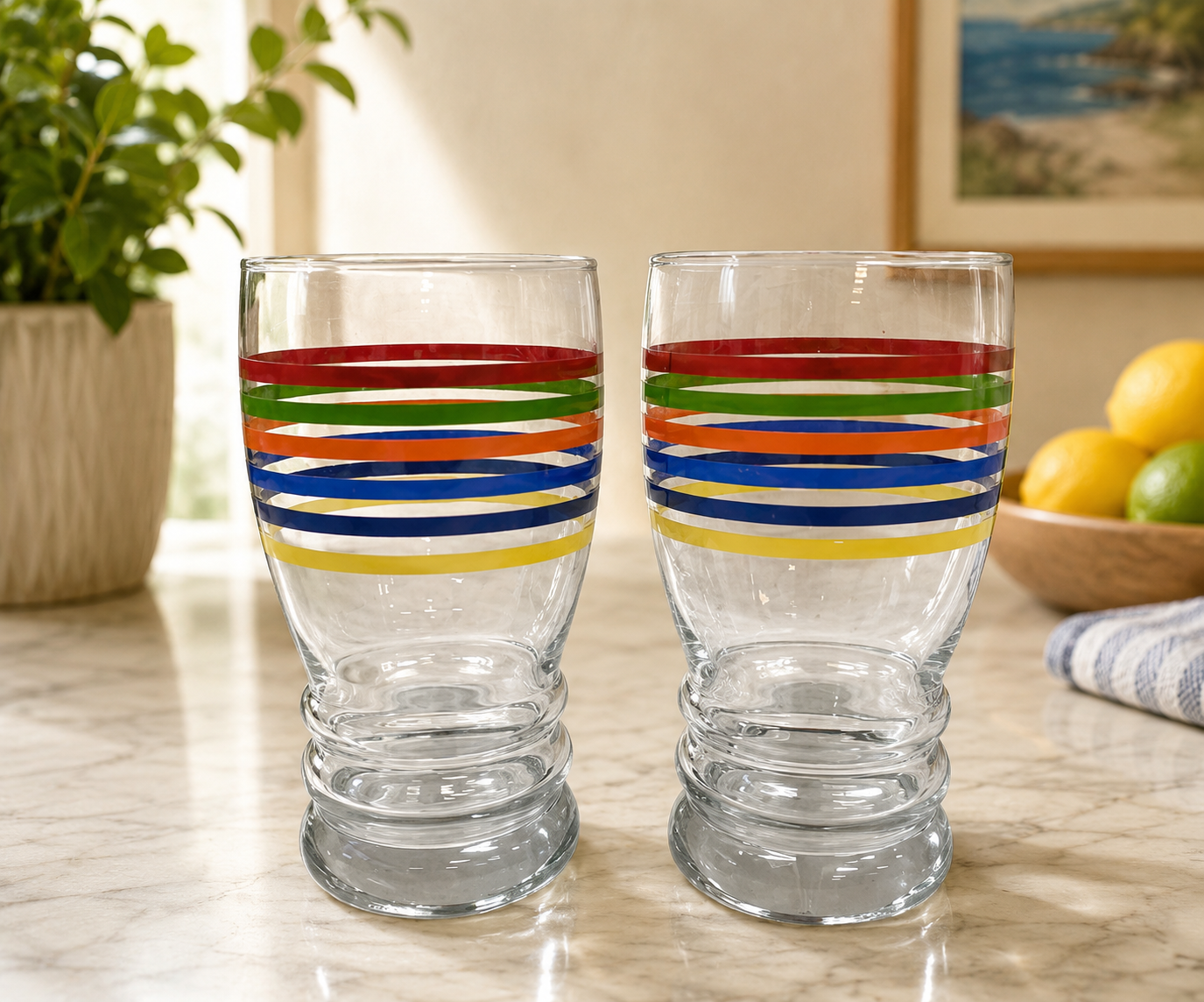 Libbey Rainbow Bright Striped Vintage Drinking Glasses (Set of 2)