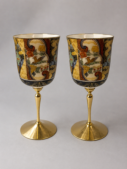 Muromachi Kutani Japanese Porcelain Wine Glasses & Brass Stem set of 2