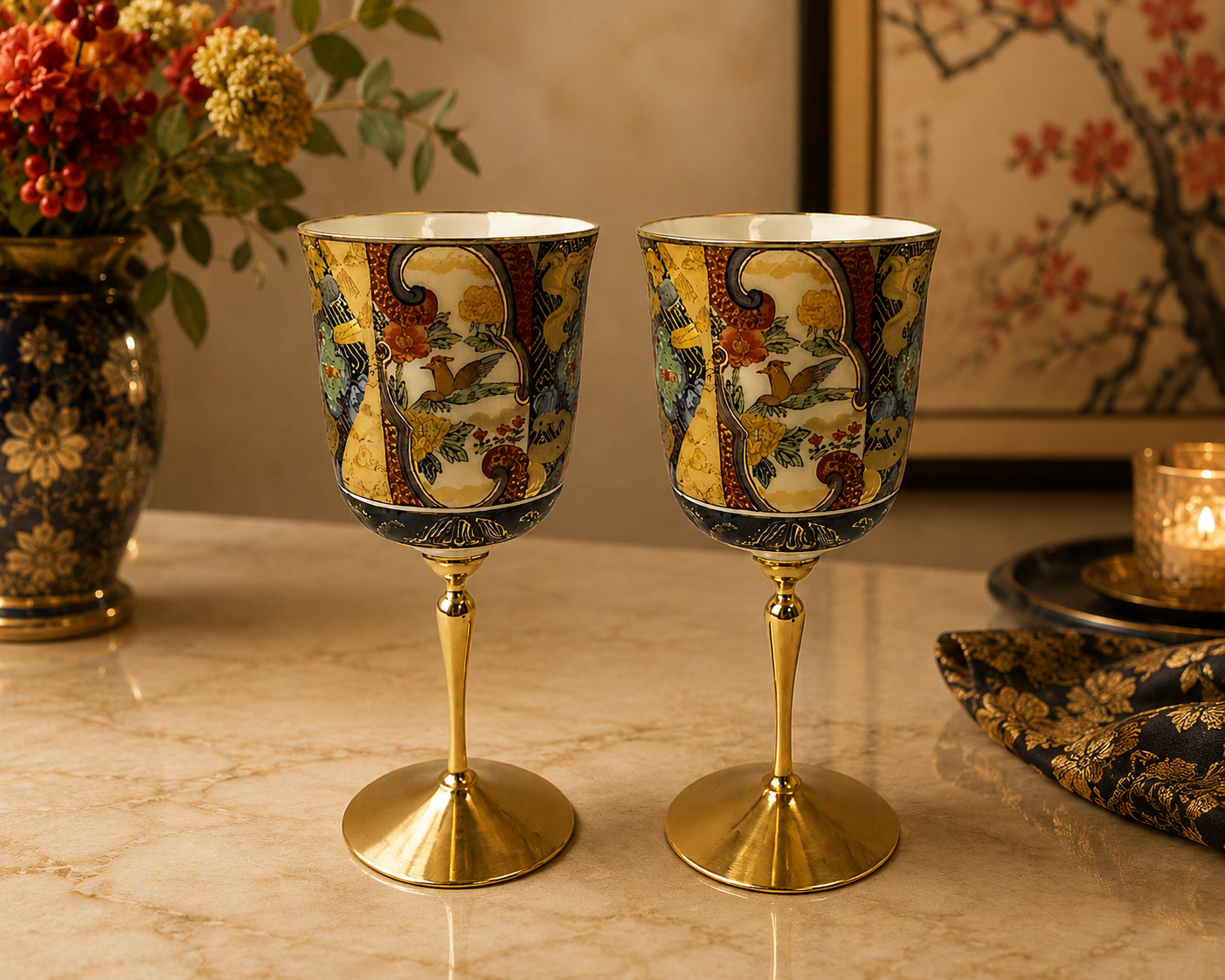 Muromachi Kutani Japanese Porcelain Wine Glasses & Brass Stem set of 2