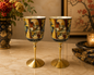 Muromachi Kutani Japanese Porcelain Wine Glasses & Brass Stem set of 2