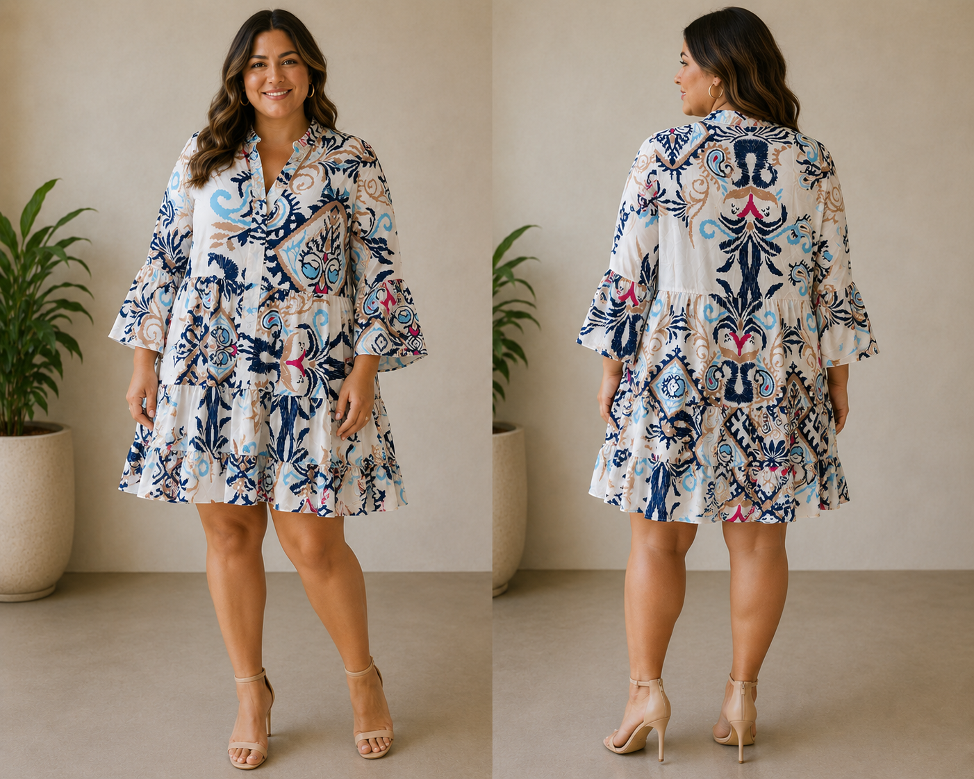 Women’s abstract design tunic ruffle shirt dress size large