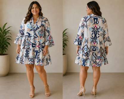 Women’s abstract design tunic ruffle shirt dress size large