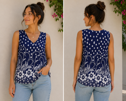 Blue and White Floral Design Sleeveless Tunic Women’s size XL