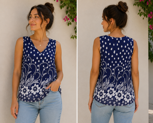 Blue and White Floral Design Sleeveless Tunic Women’s size XL