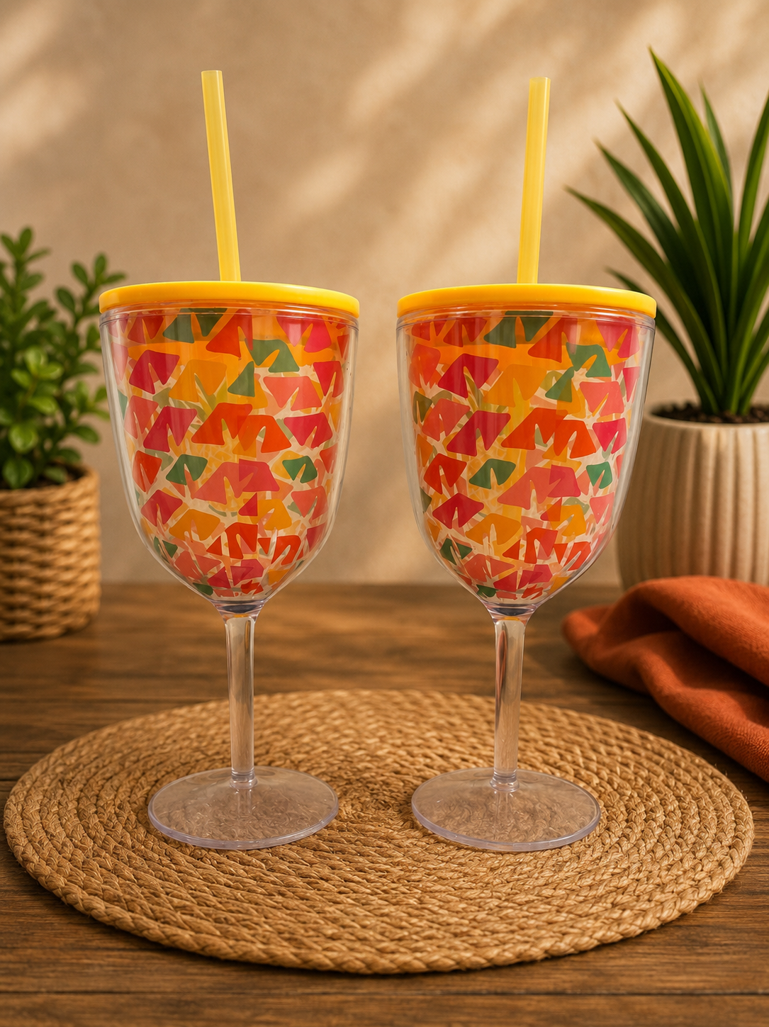 Stemmed Plastic Beverage Cups with lid and straw set of 2