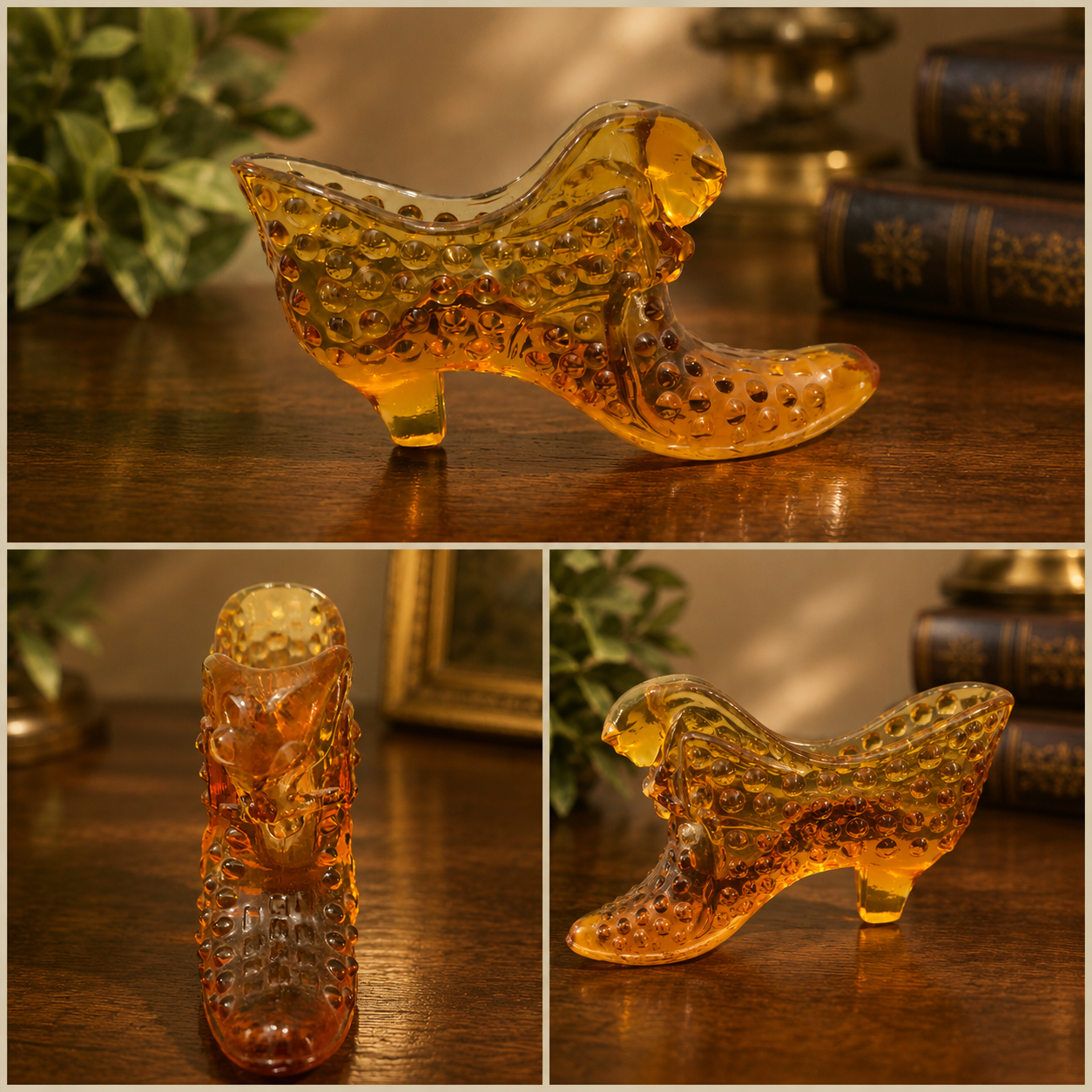Vintage Hobnail Amber Glass Shoe Figurine