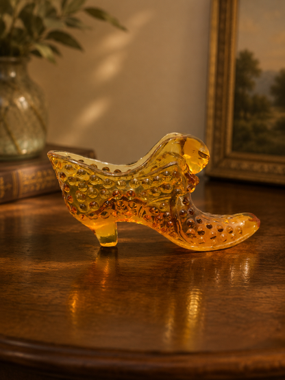 Vintage Hobnail Amber Glass Shoe Figurine