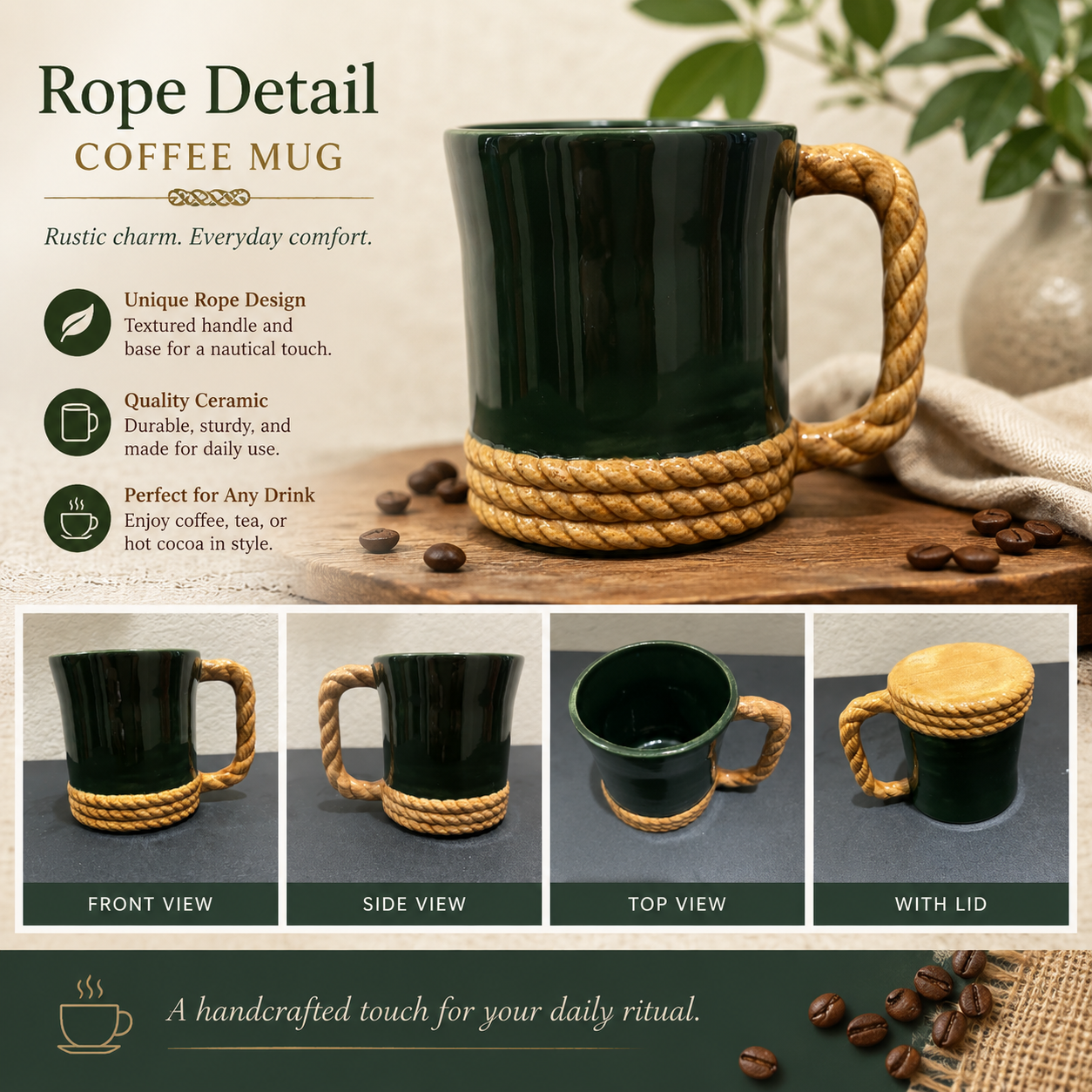 Green ceramic coffee mug with rope accent. 12oz