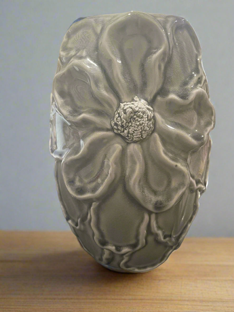 Gray Vase Flower Textured Decor 8” Tall