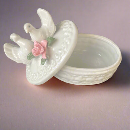 Vintage White Porcelain Trinket Box with Doves and Pink Rose