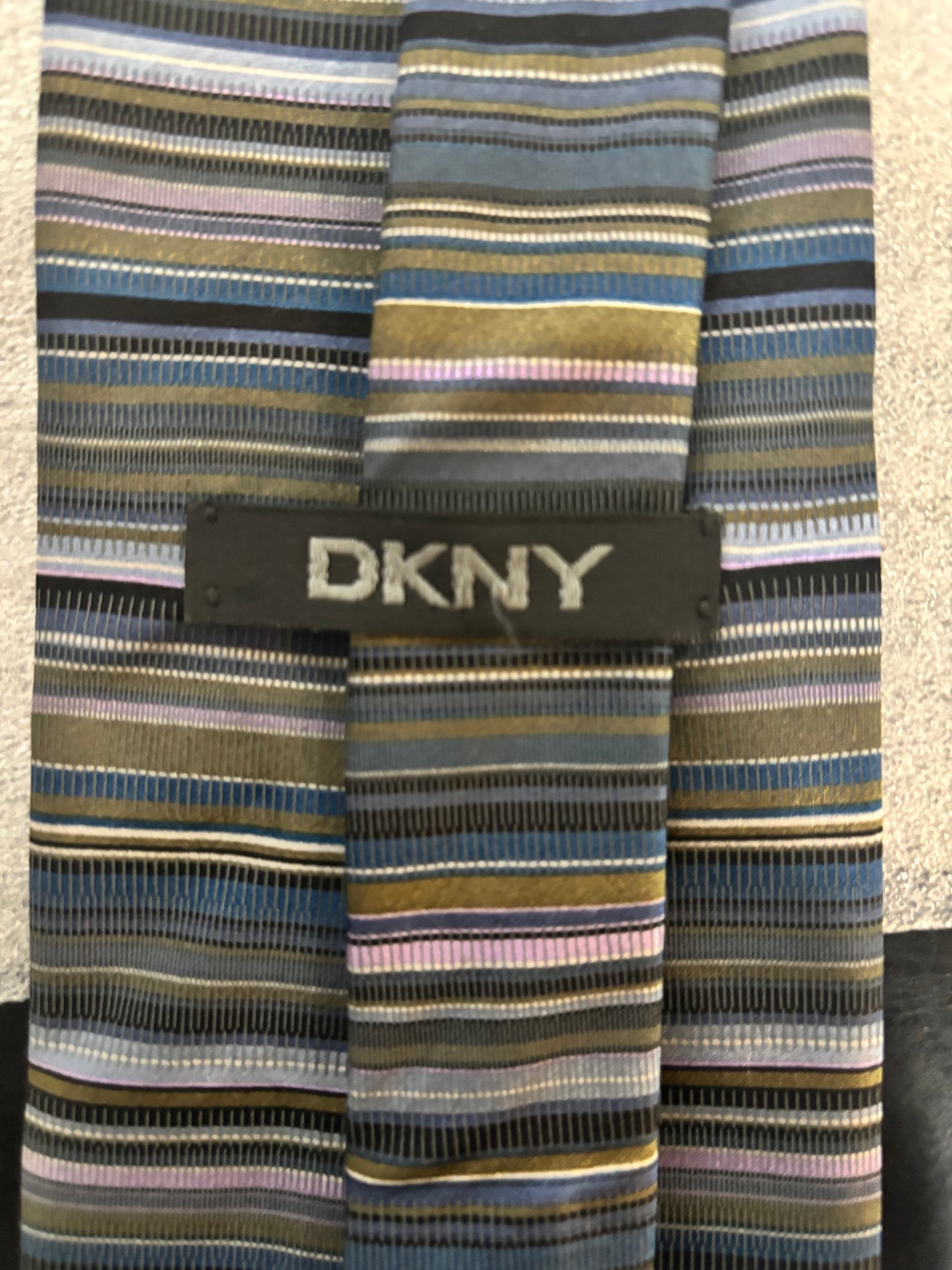 DKNY Black Blue Brown Gray Striped 100% Silk 56In Tie