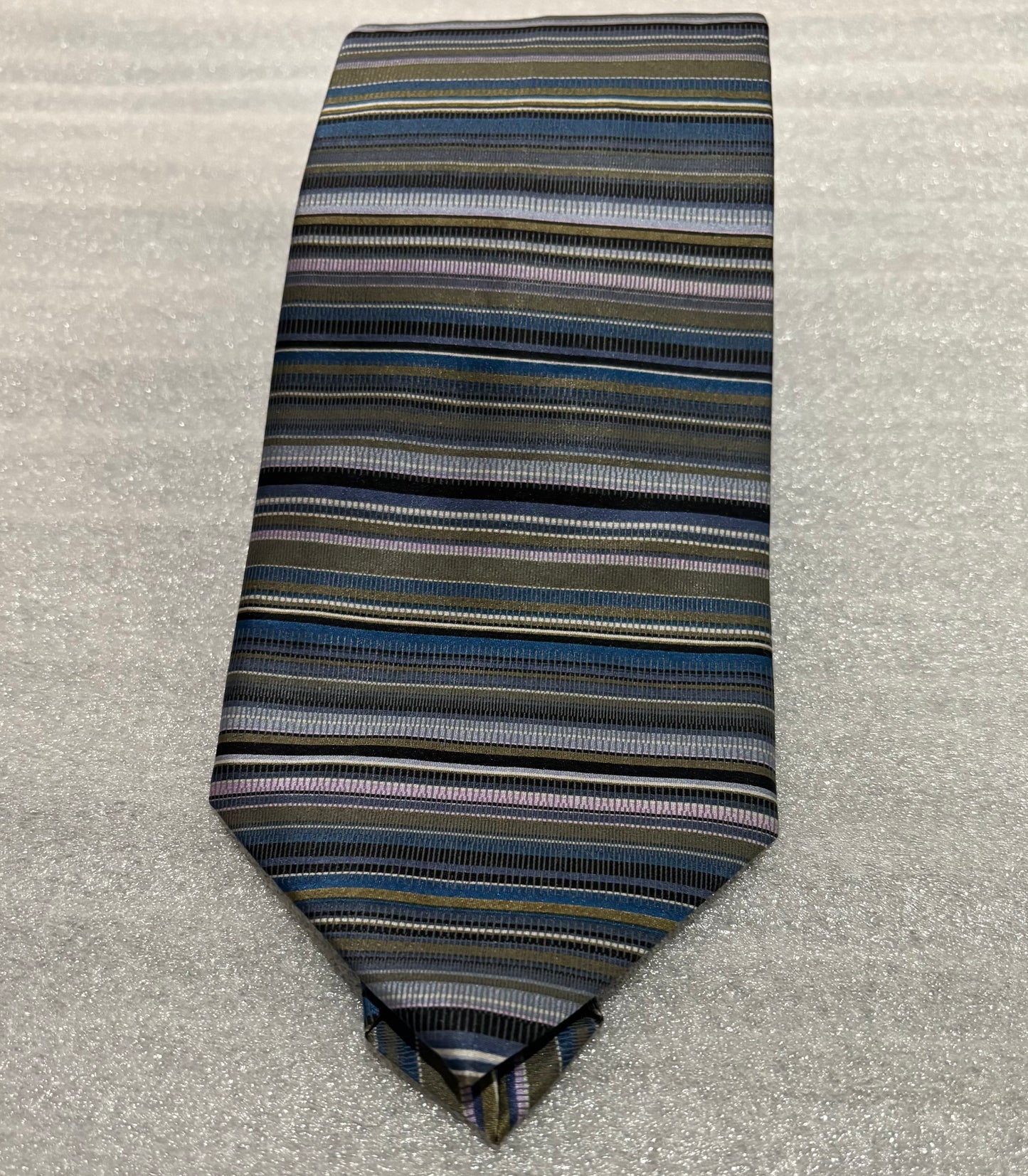 DKNY Black Blue Brown Gray Striped 100% Silk 56In Tie