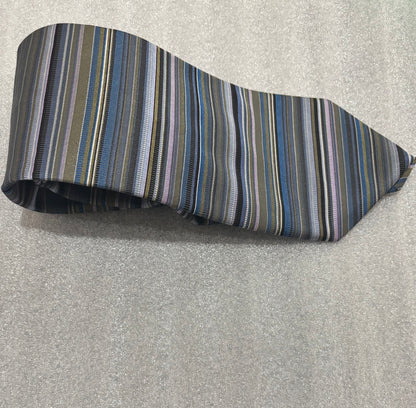 DKNY Black Blue Brown Gray Striped 100% Silk 56In Tie