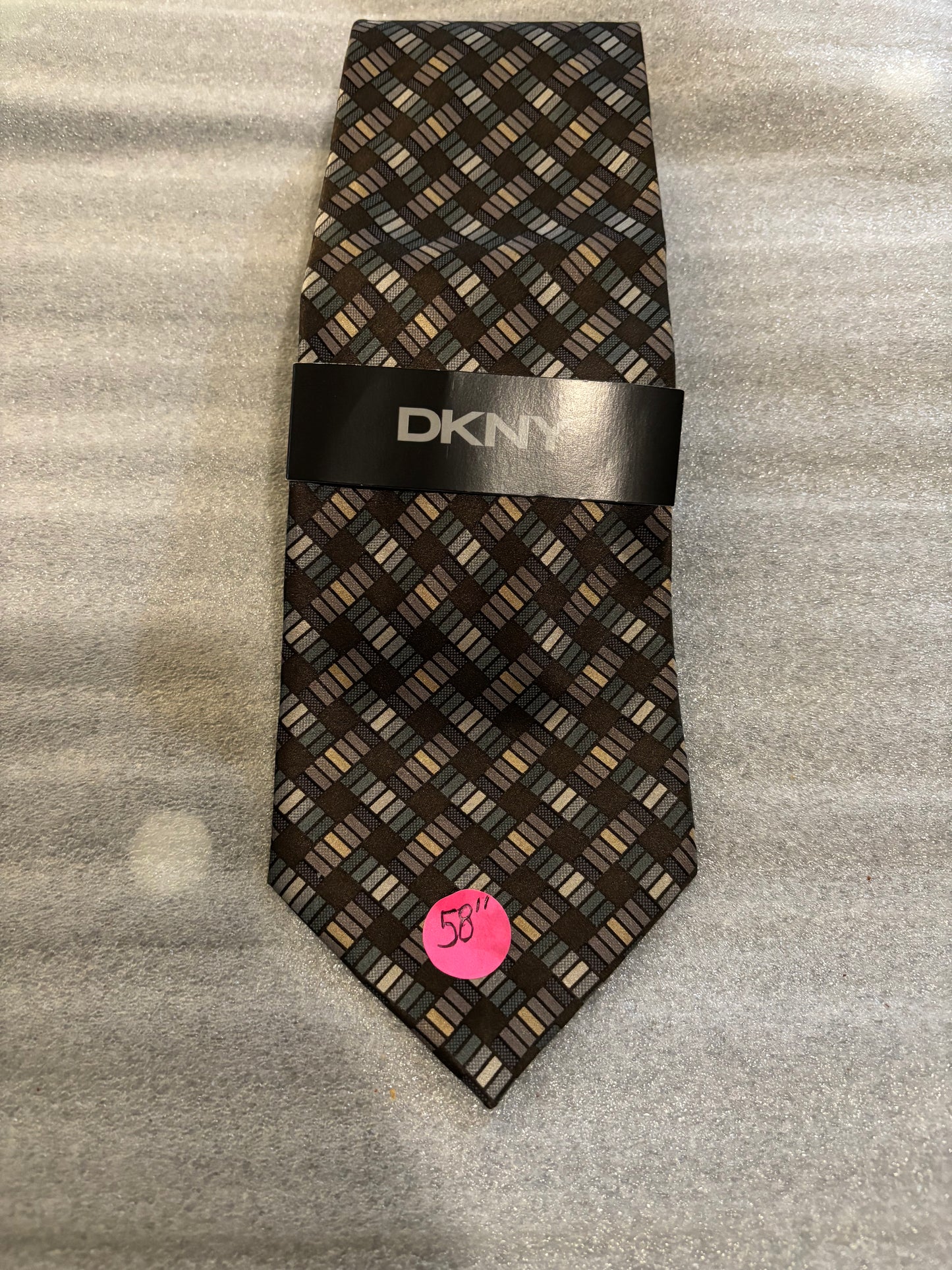 DKNY brown  multicolored Plaid Design 100% Silk Tie 58In