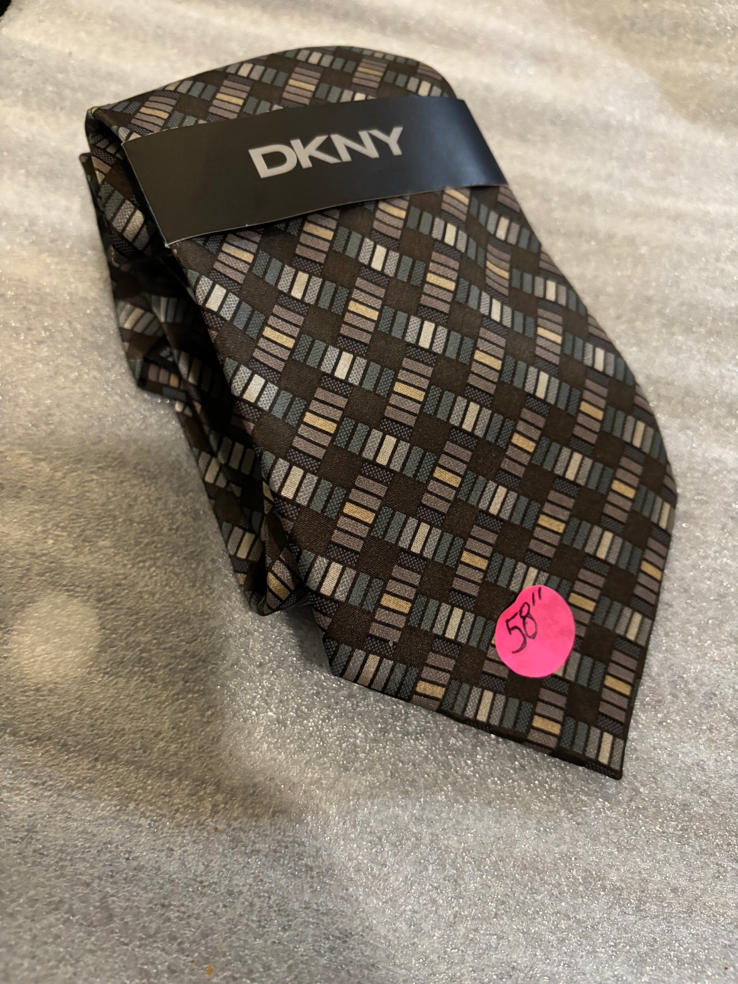 DKNY brown  multicolored Plaid Design 100% Silk Tie 58In