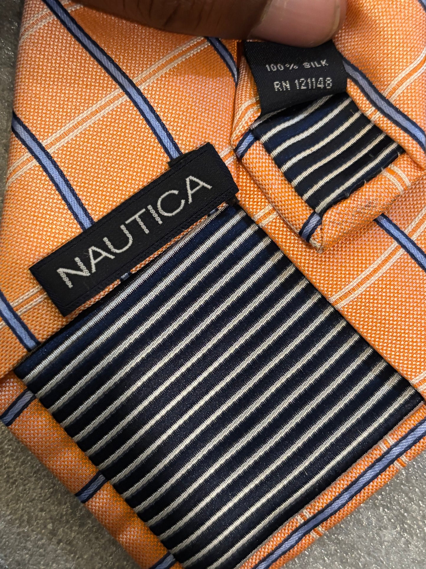 Nautica Orange w/ Blue Stripes 100% Silk Tie