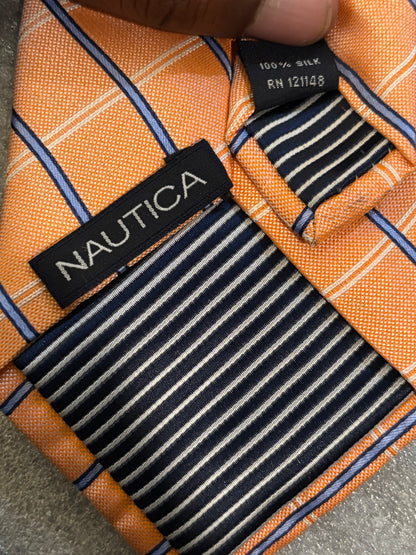 Nautica Orange w/ Blue Stripes 100% Silk Tie
