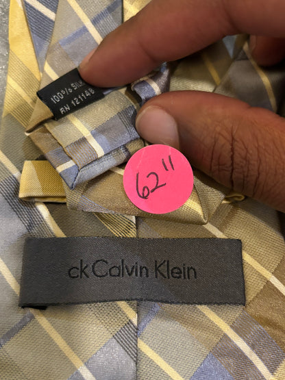 Calvin Klein Yellow & Gray Striped 100% Silk 62in Tie