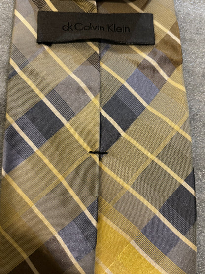 Calvin Klein Yellow & Gray Striped 100% Silk 62in Tie