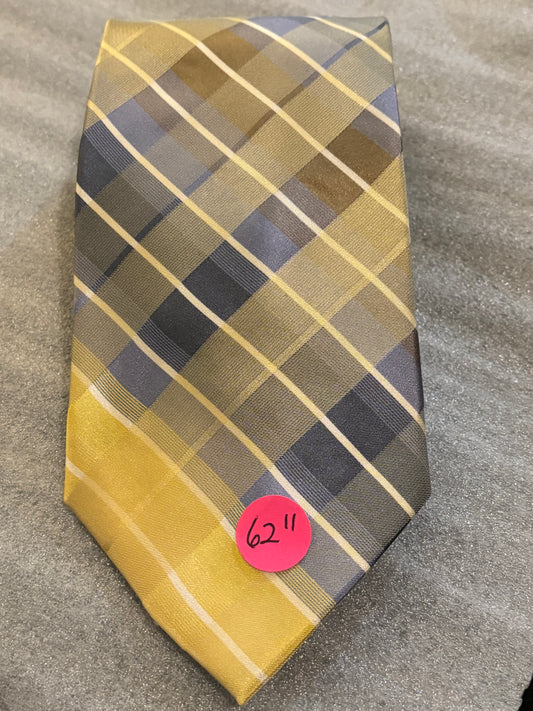Calvin Klein Yellow & Gray Striped 100% Silk 62in Tie