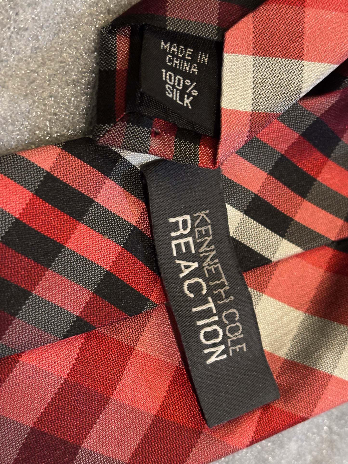 Kenneth Cole Red, Black & White Plaid 100% Silk Tie