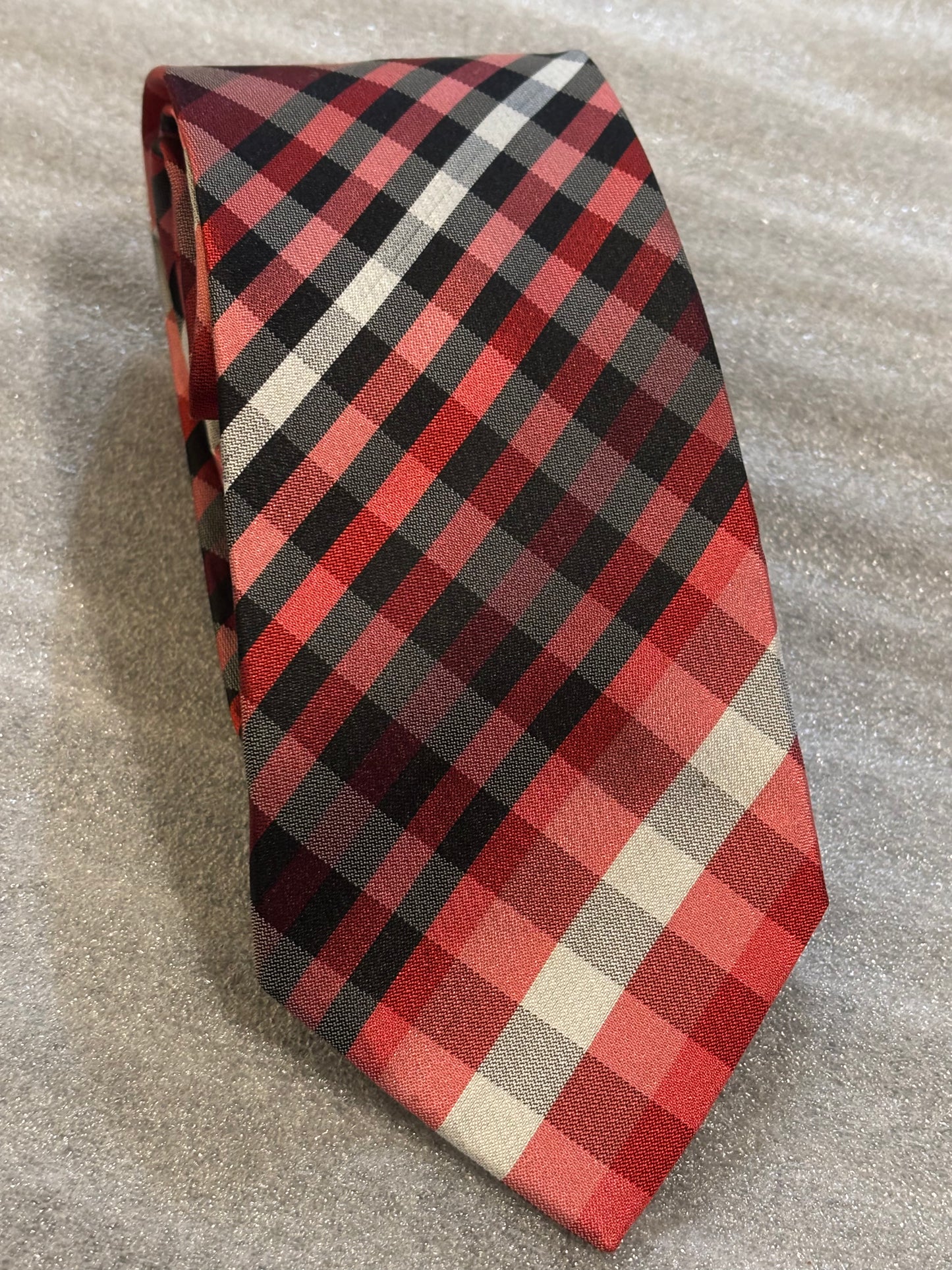 Kenneth Cole Red, Black & White Plaid 100% Silk Tie