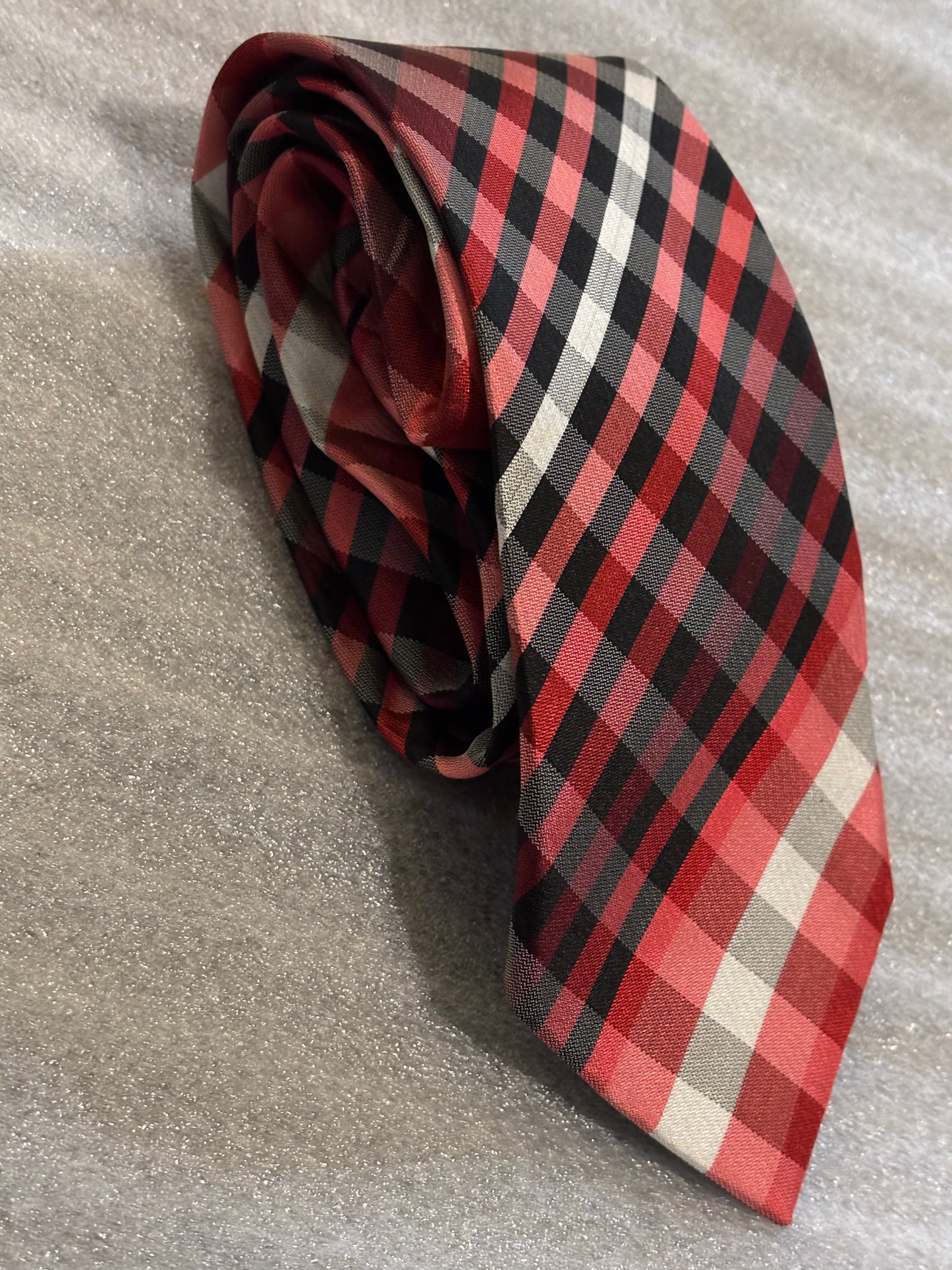 Kenneth Cole Red, Black & White Plaid 100% Silk Tie