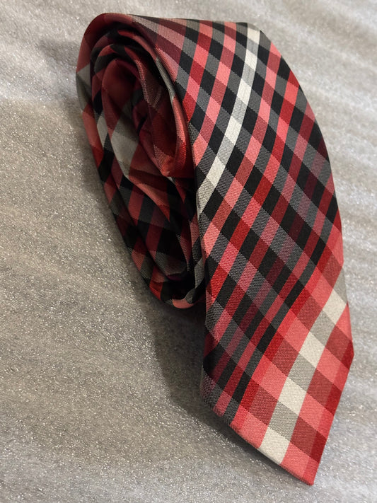 Kenneth Cole Red, Black & White Plaid 100% Silk Tie