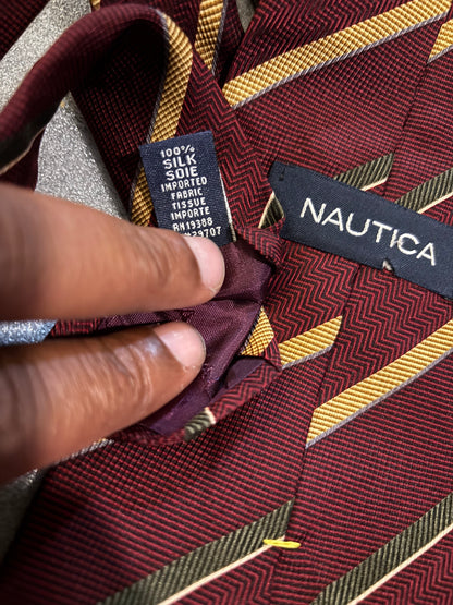 Nautica Burgundy Gold & Black Stripe 100% Silk 58in Tie