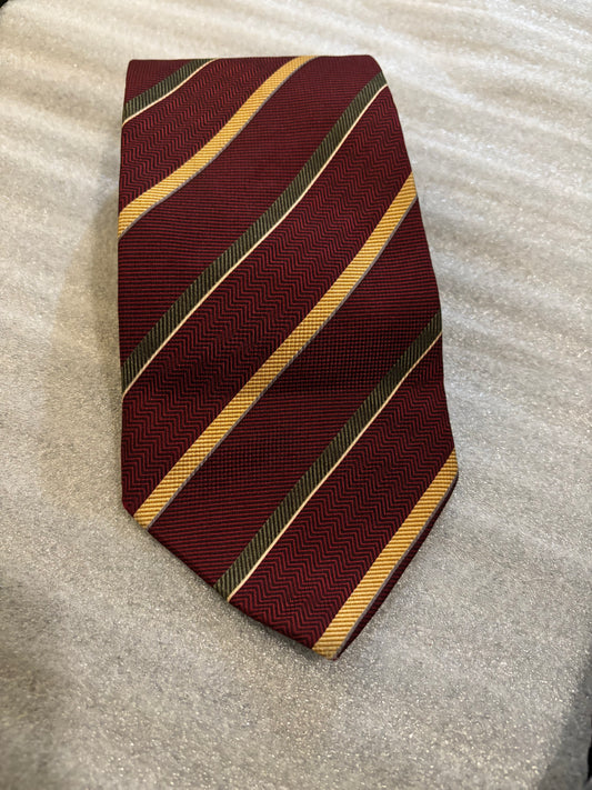 Nautica Burgundy Gold & Black Stripe 100% Silk 58in Tie