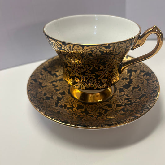 Elegant Gold and Black Rose TeaCup