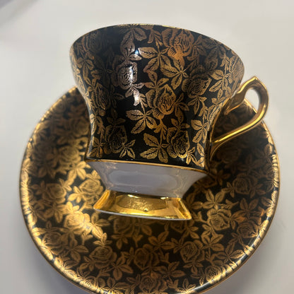 Elegant Gold and Black Rose TeaCup