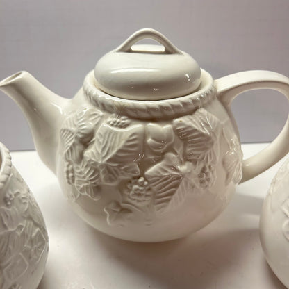 Cream Porcelain Ceramic Tea Set w/ Flower Designs (1 Tea Pot 2 Cups)