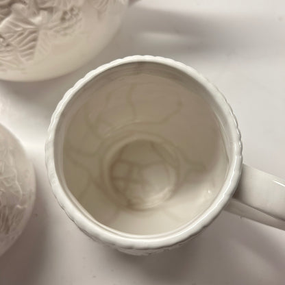 Cream Porcelain Ceramic Tea Set w/ Flower Designs (1 Tea Pot 2 Cups)