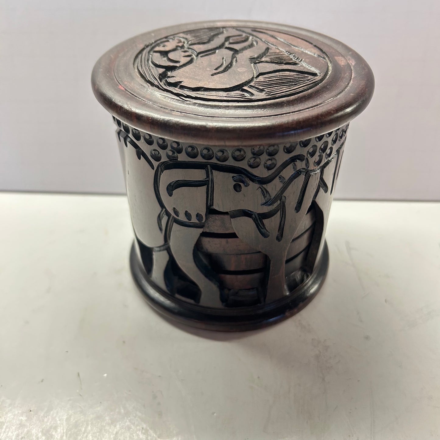 Hand Craved Elephant Coasters in Carved Holder (Dark Wood)