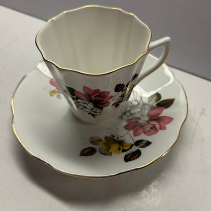 White and Pink Floral Design Tea Cup & Saucer with Gold Rim