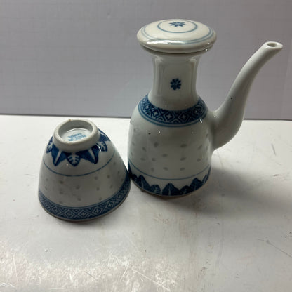 White & Blue Mini Oriental Tea Pot and Cup Set